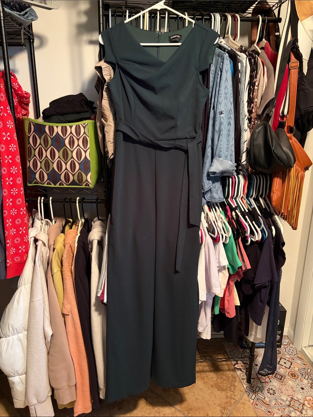 bebe Dark Teal Sleeveless Jumpsuit with Tie Waist